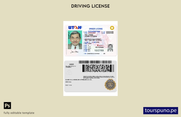 Listo para imprimir la plantilla actual del permiso de conducir de EE. UU. Utah